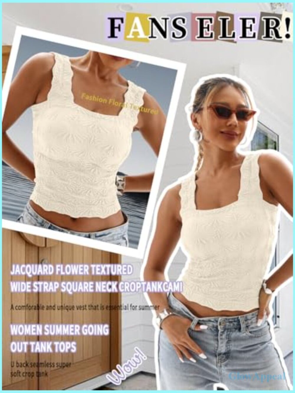 Slim Fit Square Neck Crop Tank Top Floral Jacquard Lettuce Trim Sleeveless Cami - Picture 4 of 6